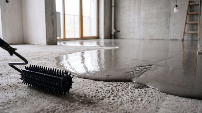 Spiked roller smoothing and leveling fresh self-leveling concrete poured across a bare room floor during interior renovation