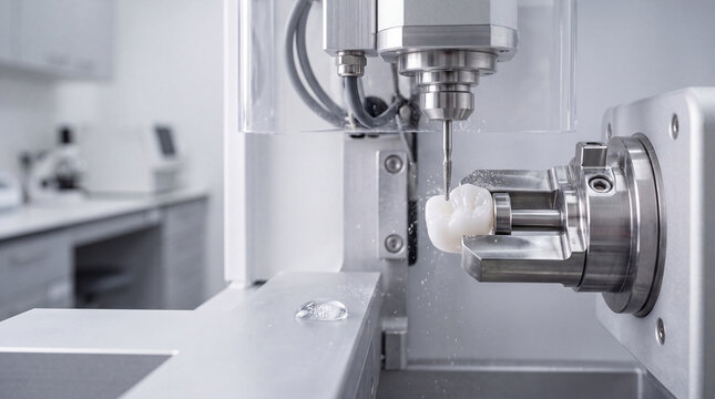 Precision dental crown milling machine producing ceramic restoration in modern dental laboratory