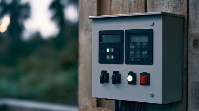 Control panel mounted on wooden wall with digital displays  toggle switches  and illuminated buttons in outdoor setting