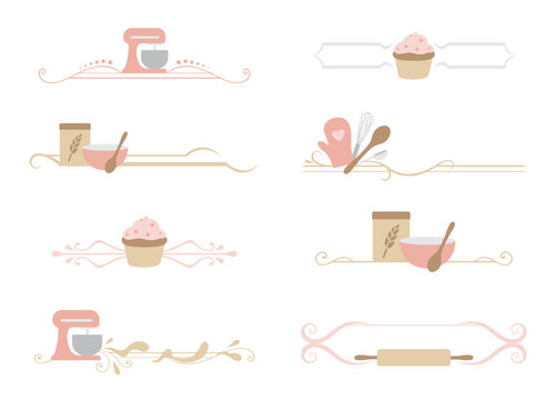 A set of baking themed divider lines, 8 smaller lines with stand mixer, ingredients, and utensils

