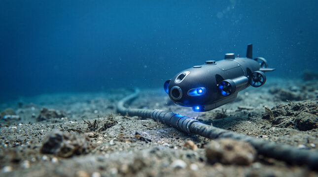 Autonomous underwater drone rov inspecting subsea cable near ocean floor with blue lights