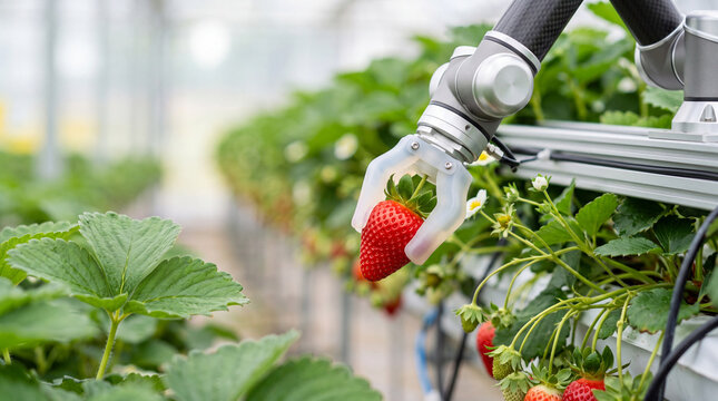 Robotic arm picking ripe strawberry in high-tech greenhouse farming automation