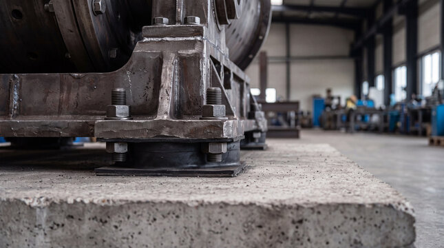 Close-up of industrial machine mounted on concrete base with vibration isolators and bolts in factory