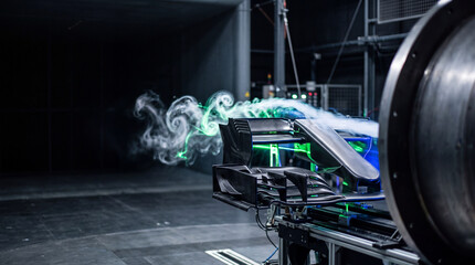Naklejka premium Wind tunnel aerodynamic testing of formula race car front wing with smoke flow visualization in lab