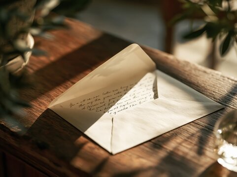 Open envelope with handwritten letter on a wooden table