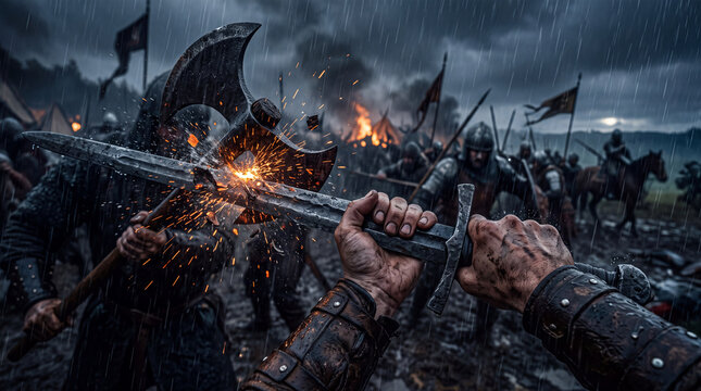 First-person medieval sword clash with axe and sparks on rainy battlefield with warriors