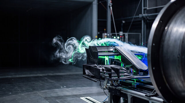Wind tunnel aerodynamic testing of formula race car front wing with smoke flow visualization in lab