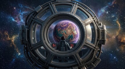 Obraz premium Astronaut looking at planet from spaceship window in outer space