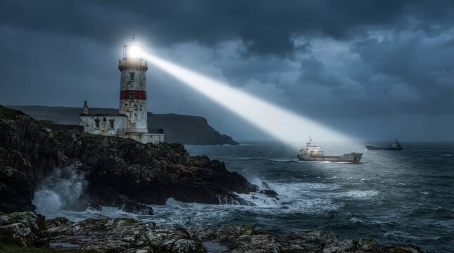Lighthouse shining beam of light on cargo ship in stormy sea