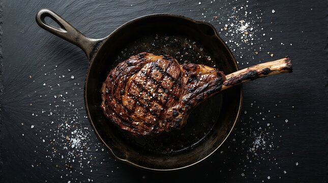Grilled tomahawk ribeye steak resting in a dark seasoned cast iron skillet with coarse sea salt