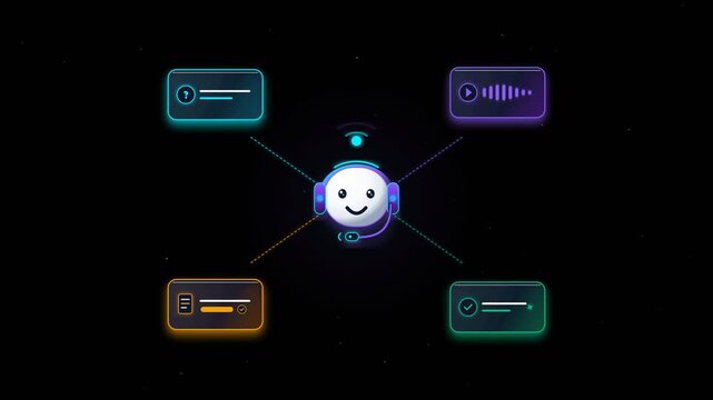 3D AI Chatbot Head Connected to Dialogue Interface Icons