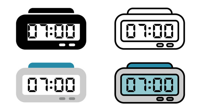 Set of Digital Alarm Clock Vector Icons Showing 7:00 Morning Time, Flat Minimalist Style Illustration in Black, Outline, and Color Versions Isolated on White Background for Time Management Design.