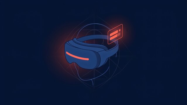 Virtual reality headset illustration with a digital interface overlay against a dark blue background with glowing red interface interface icon floats