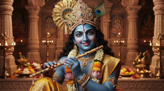 Lord Krishna playing flute in a Hindu temple adorned with flowers and lamps