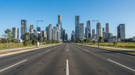 Naklejka premium Empty multi-lane road leading towards modern city skyline