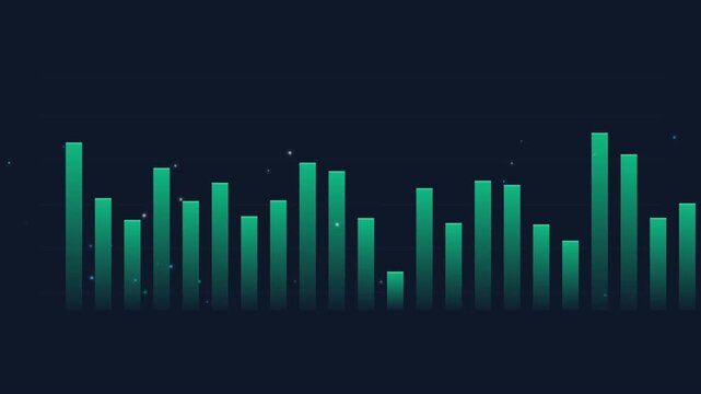 Digital bar chart showing financial data growth with glowing green bars on a dark background representing business success and analytics