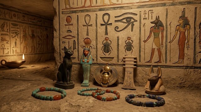 Ancient Egyptian artifacts and hieroglyphs in tomb chamber