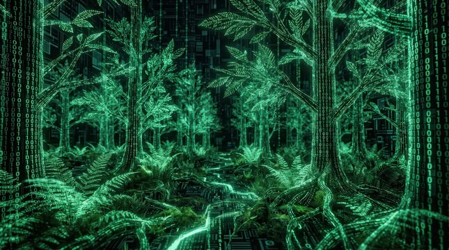 Digital matrix forest landscape with binary code glowing green