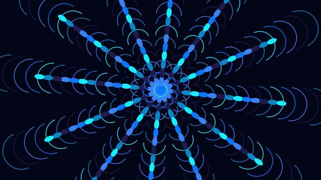 Abstract circular blue pattern with glowing light lines forming a star shaped mandala design on a dark background