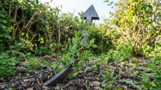 Metal arrow sign in garden overgrown with pea plants