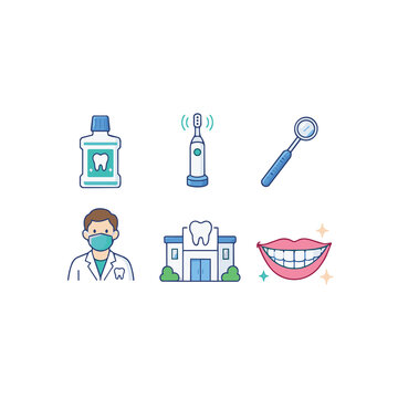 Comprehensive dental and dentistry icon set featuring oral care, dental equipment, clinical procedures. Minimal outline vector illustrations for medical websites, apps, presentations, infographics.