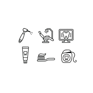 Comprehensive dental and dentistry icon set featuring oral care, dental equipment, clinical procedures. Minimal outline vector illustrations for medical websites, apps, presentations, infographics.