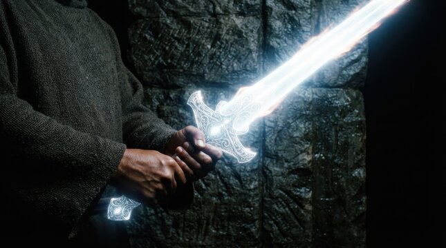 Warrior holding a glowing magical sword in a dark stone dungeon