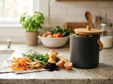 Fresh vegetable scraps and herbs prepared for composting in modern kitchen setting