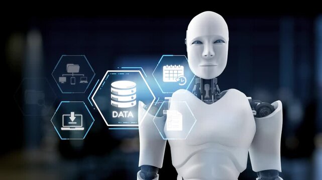A futuristic robot interacts with a holographic data interface displaying various icons, symbolizing technology and innovation in a modern workspace. Synapse