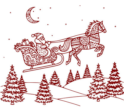 Santa Claus in a sleigh pulled by a horse. Christmas contour illustration of a winter forest in zentangle style