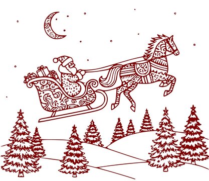 Santa Claus in a sleigh pulled by a horse. Christmas contour illustration of a winter forest in zentangle style