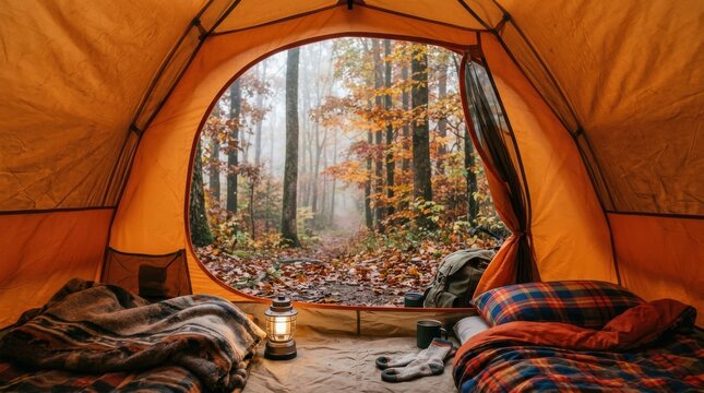 Camping tent interior view looking out into autumn forest