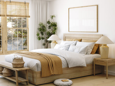 Frame mockup in American farmhouse bedroom interior, 3d render