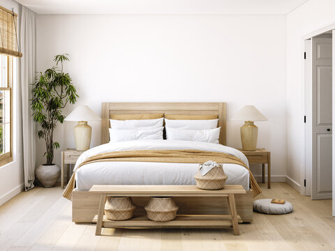 American farmhouse bedroom interior, wall mockup, 3d render