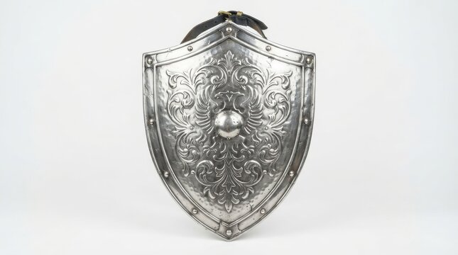 Medieval steel shield with ornate floral engraving