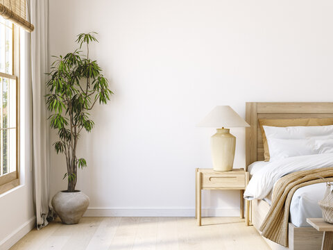 American farmhouse bedroom interior, wall mockup, 3d render