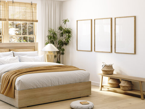 Frame mockup in American farmhouse bedroom interior, 3d render