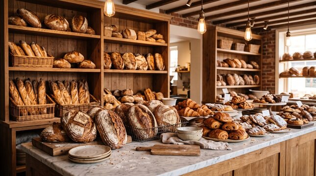 Freshly baked artisan sourdough bread loaves and buttery croissants displayed on a rustic marble counter inside a warm cozy bakery