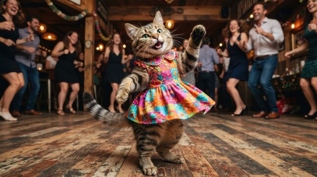 Cat wearing a colorful dress dancing in a crowded party venue