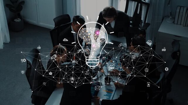 A diverse group of professionals engages in a creative brainstorming session, surrounded by digital elements, envisioning innovative ideas and strategies for future success. Raster