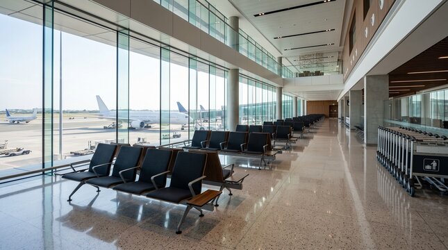 Modern airport terminal waiting lounge featuring rows of sleek black seats and large glass windows overlooking parked commercial jet aircraft