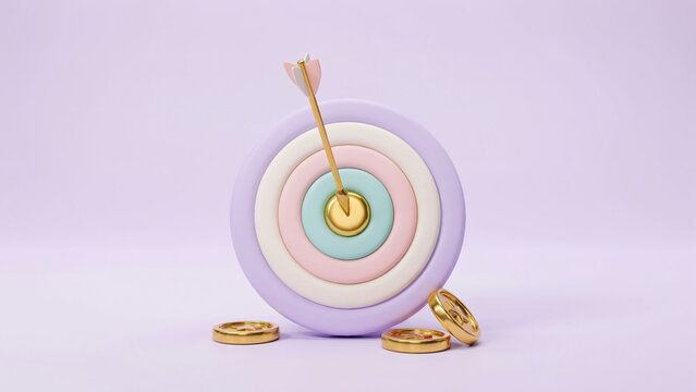 A golden arrow hitting the center of a pastel colored target with gold coins nearby with 3d rendered pastel target arrow bullseye golden coins placed light purple surface