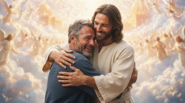 Man crying while hugging Jesus Christ in heaven with angels