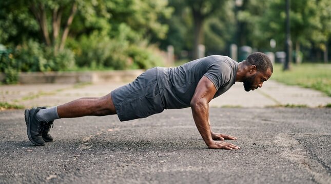 Black male athlete performing a strict push-up on pavement during an outdoor workout
