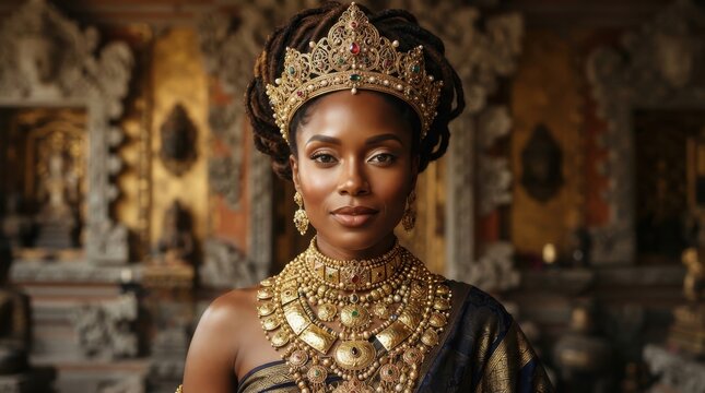 Beautiful black woman wearing golden crown and ornate jewelry in ancient temple