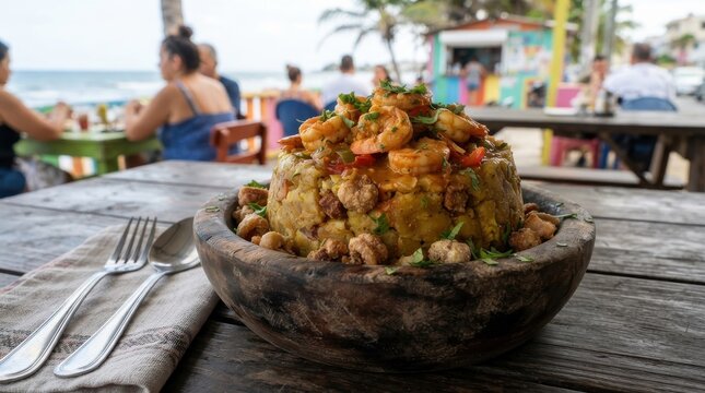 Mofongo with shrimp in a wooden bowl at an outdoor restaurant