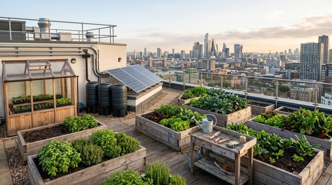 Sustainable rooftop vegetable garden featuring wooden raised beds with organic plants alongside solar panels overlooking the sprawling London city skyline