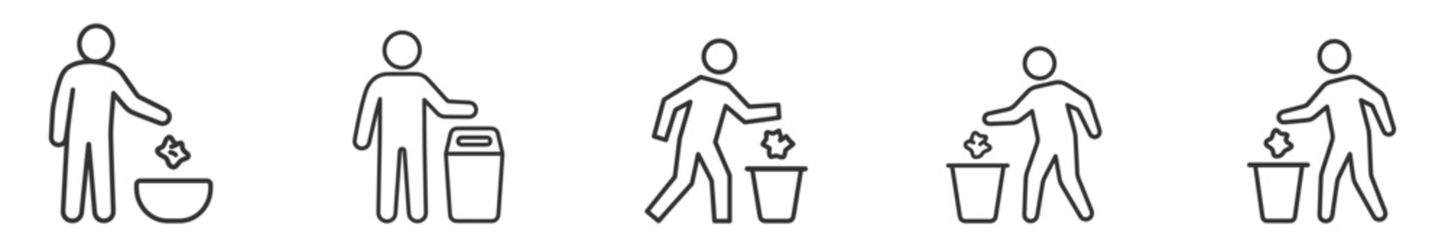set of black outline human figures throwing trash into bins line icons on transparent background