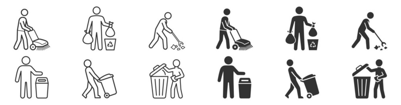 set of black and white human icon illustrations of waste disposal and street cleaning on transparent background