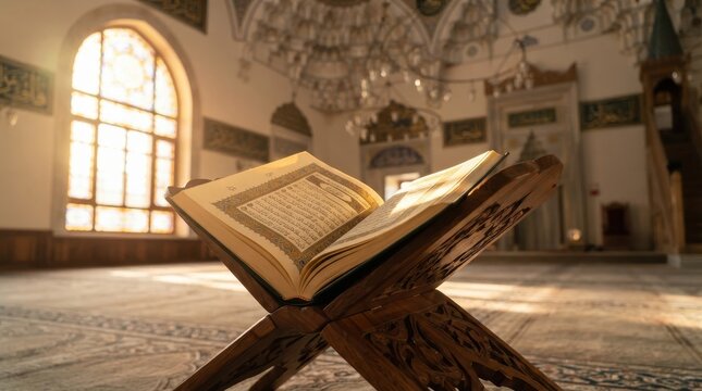 Open Quran on wooden bookstand in mosque interior